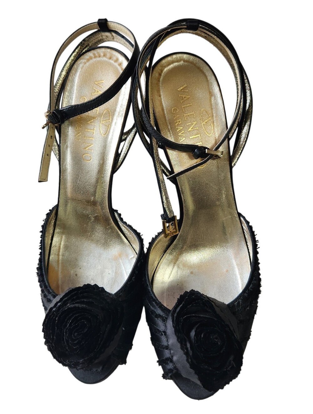 Valentino Black Floral Open-Toe Ankle-Strap Heels with Gold Insole